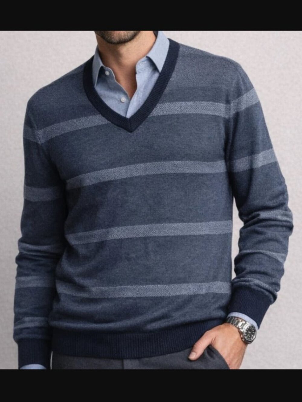S Brooks Brothers V-Neck Sweater Cotton Wool Silk Cashmere Luxe Layer Stripe
